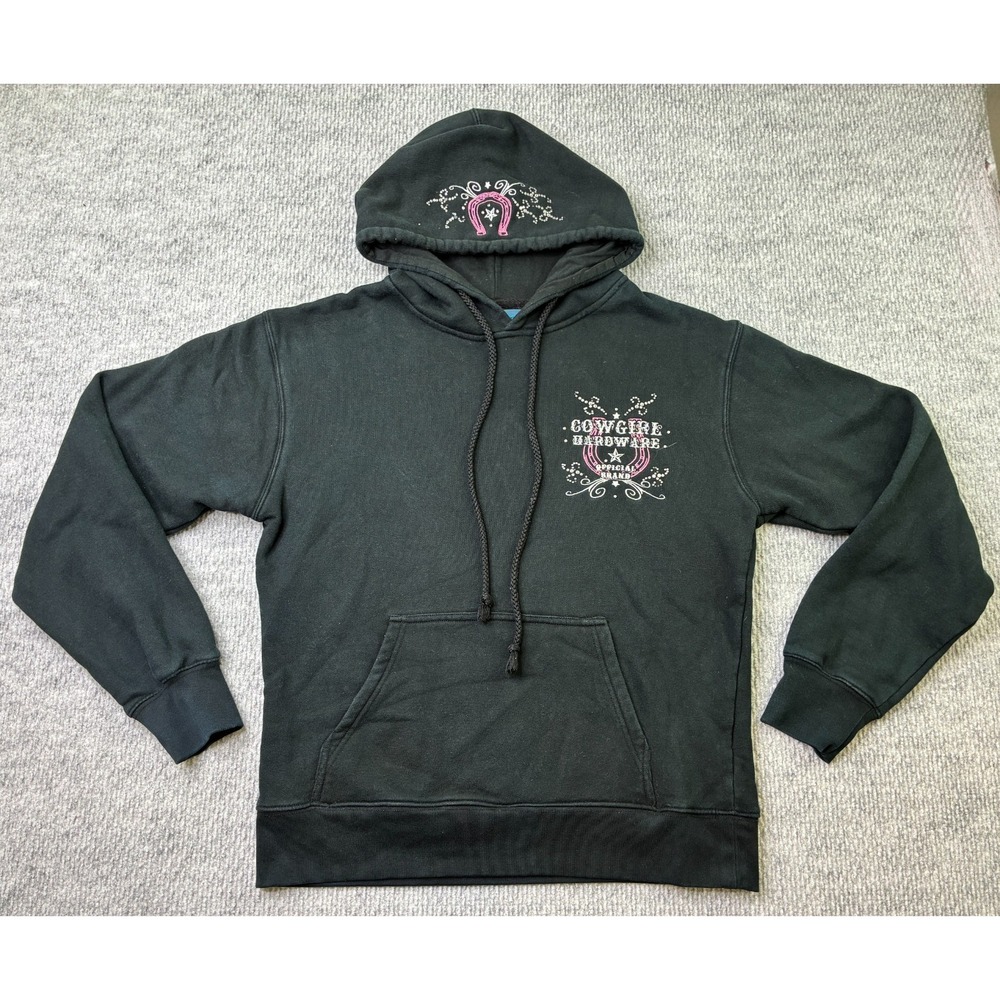 Cowgirl Hardware Womens Large Black Pink Rhinestone Western Pullover Hoodie Y2K